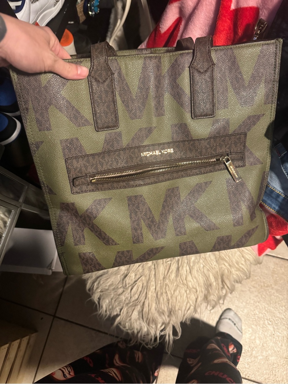Michael Kors Olive & Brown MK Logo Messenger Tote